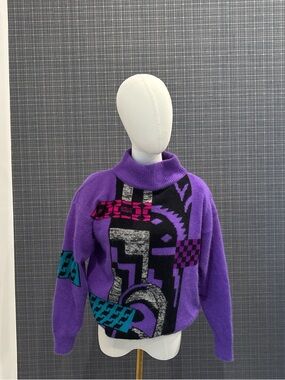 Saks Fifth Avenue Purple Graphic Turtleneck Sweater with Multicolor Accents